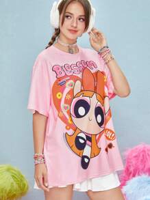 The Powerpuff Girls | ROMWE Loose Fit Cartoon Print Oversized T-Shirt - Pink - View 1