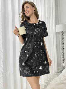 Short Sleeves Pajama Night Dress With Starry Print - Multicolor - View 6