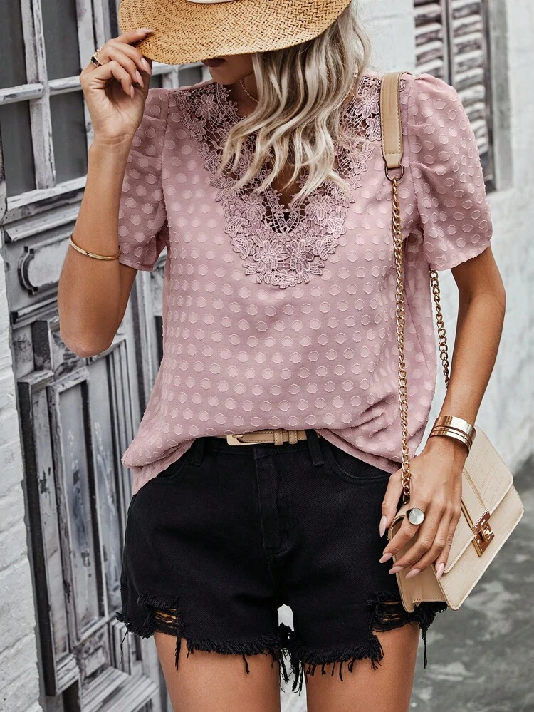 Ladies' Short Sleeve Puff Sleeve Shirt With Lace Trim