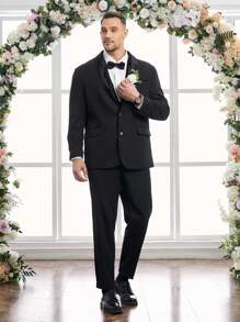 GENTILAND 男裝大尺碼西裝 2入組：明信片領長袖西裝外套和編織休閒長褲 - 黑色 - 查看 5