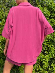 SHEIN EZwear Conjunto Rosa De Camisa Tejida De Botones Y Pantalones Cortos - Rosa Fucsia - Ver 3