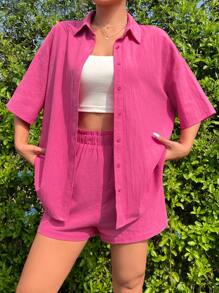 SHEIN EZwear Conjunto Rosa De Camisa Tejida De Botones Y Pantalones Cortos - Rosa Fucsia - Ver 6