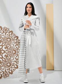 Seusyu 女士条纹不对称下摆阿拉伯长裙 - 彩色 - 查看 2