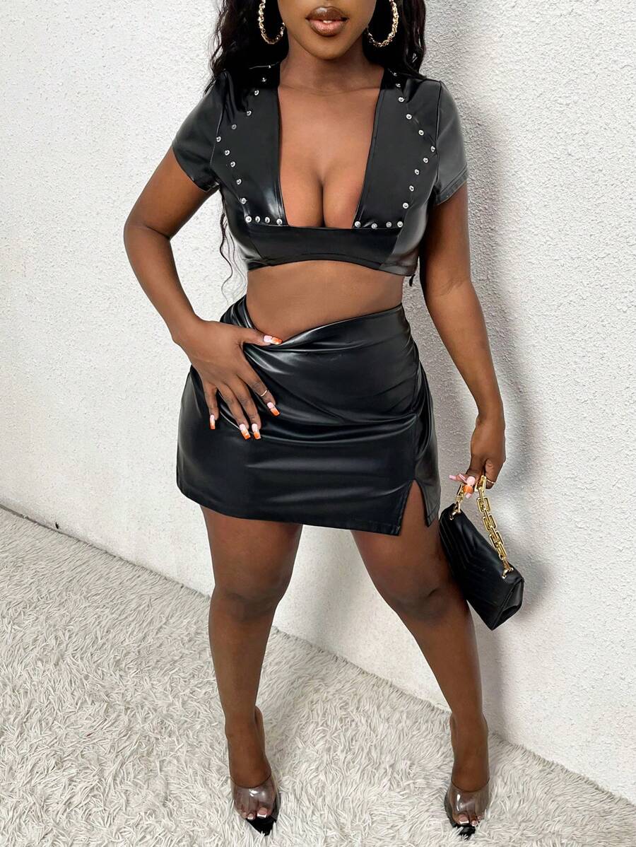 Zolique Quý cô Quần skinny Da Áo khoác Với đinh tán - màu đen - Xem 1