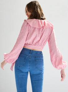 Enchnt Textured Romantic Pink Top With Ruffle Trim And Decorative Edge, For Date, Spring - Coral Pink - View 2