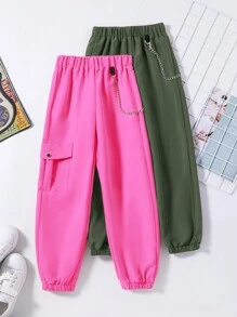 SHEIN Set Of 2 Tactical Style Pants For Tween Girls, Comes With Chain - Multicolor - View 1