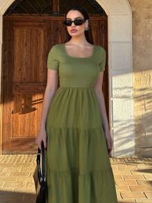 SHEIN Essnce Women's Summer Casual Holiday Travel Square Neck Short Sleeve Dress - Green - View 5