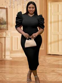 Robe de soirée moulante à manches bouffantes ajourées de grande taille, élégante, pour cocktail, semi-formelle, pour bal de promo, invité de mariage. Convient pour anniversaire, remise de diplôme, dîner, bal des finissants. - Noir - Voir 6