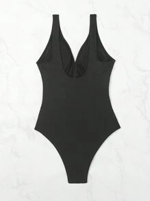 Swim DD+ Summer Beach Solid Color Backless Swimsuit With Pleated Details - Black - View 6