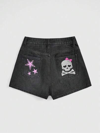 Kawaii Shorts De Mezclilla Con Diseño Bordado De Calavera Y Estrella