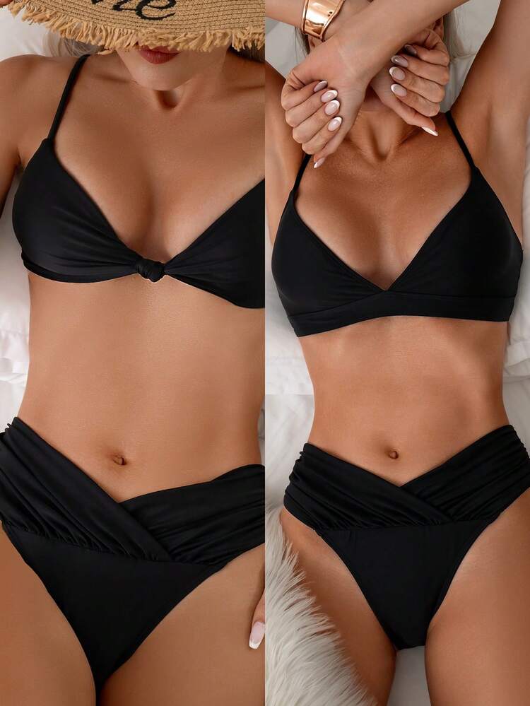 Women's Solid Color Spaghetti Strap Bikini Set Top (2pcs) And Bottom (1pc) Bikini Set Summer Beach