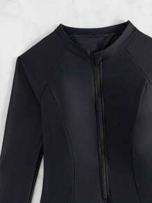 Swim SPRTY Summer Beach Solid Colored Zipper Closure Open Back One-Piece Swimsuit With Padded Cups - Black - View 5