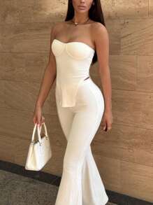 Women's Sexy Solid Color Knit Tube Top And Flared Pants Suit, Autumn - White - View 3