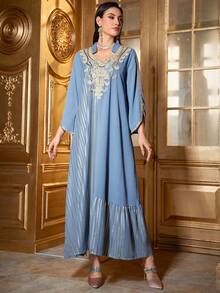 Vestido Asimétrico Estilo Árabe Bordado Para Mujer