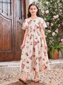 SHEIN Leap Crew 少女 V 领分层荷叶边袖腰部褶皱花卉印花连衣裙，母女配套服装（2 件单独出售） - 彩色 - 查看 5