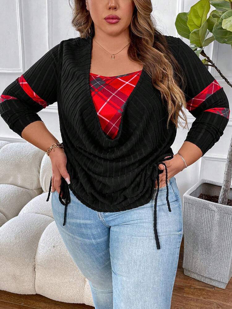 Plus Size Women's Plaid Cowl Collar Long Sleeve T-Shirt