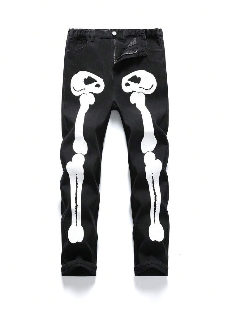 Teen Boy's Skeleton Print Tapered Jeans