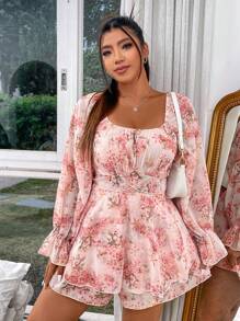 Flirla Plus Size Full Printed Square Neck Ruffle Sleeve Romper Fall Cloth For Women