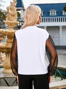 GENKIRA Contrast Mesh Round Neck Drop Shoulder Long Sleeve Shirt Fall Cloth For Women - Multicolor - View 2