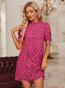 SHEIN Clasi Pink Lace Dress - Rose Red - View 4