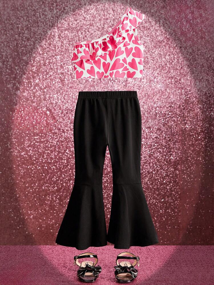 Young Girl Heart Print One Shoulder Top & Letter Graphic Flare Leg Pants