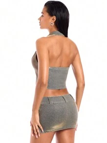 SHEIN BAE Men's Silver Holographic Silk Polished Metallic Texture Suit Style Collared Waistcoat, Short Style - Silver - View 3