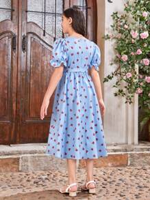 SHEIN Tween Girls' Sweetheart Collar, Puff Sleeve, Decorative Button, Ditsy Floral Printed Dress