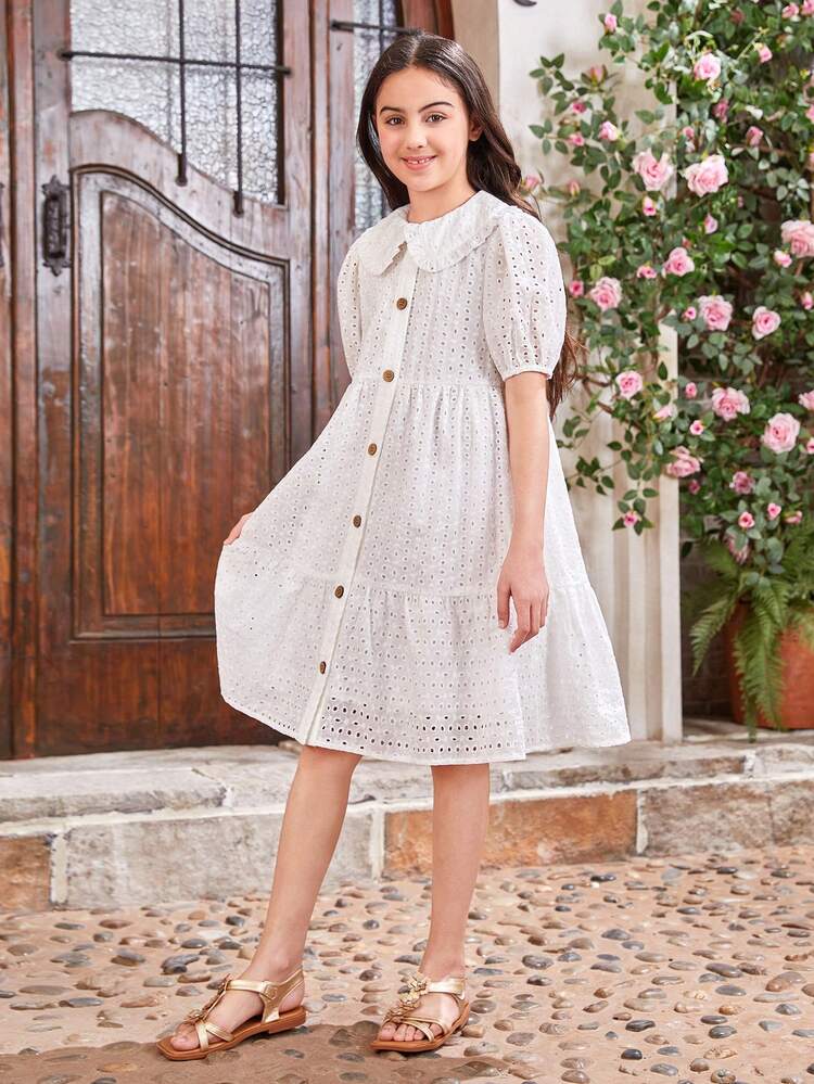 Tween Girl Peter Pan Collar Bubble Sleeve Wooden Button Hollow Out Dress, Mommy And Me Matching Outfits (2 Pieces Sold Separately)