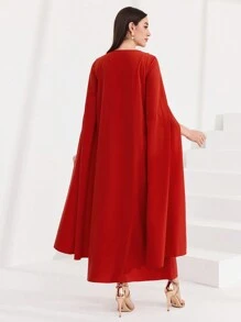 Al Najma Vestido Árabe de manga capa con encaje de contraste para mujer - Rojo - Ver 2