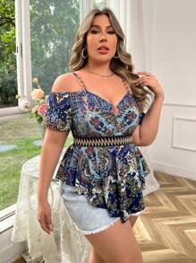 Calvaya 波西米亞風格加大號空心肩短袖t恤