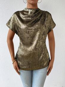 Chiquease Mịn màng tay cánh Đứng cổ áo Áo sơ mi - Màu Khaki - Xem 3