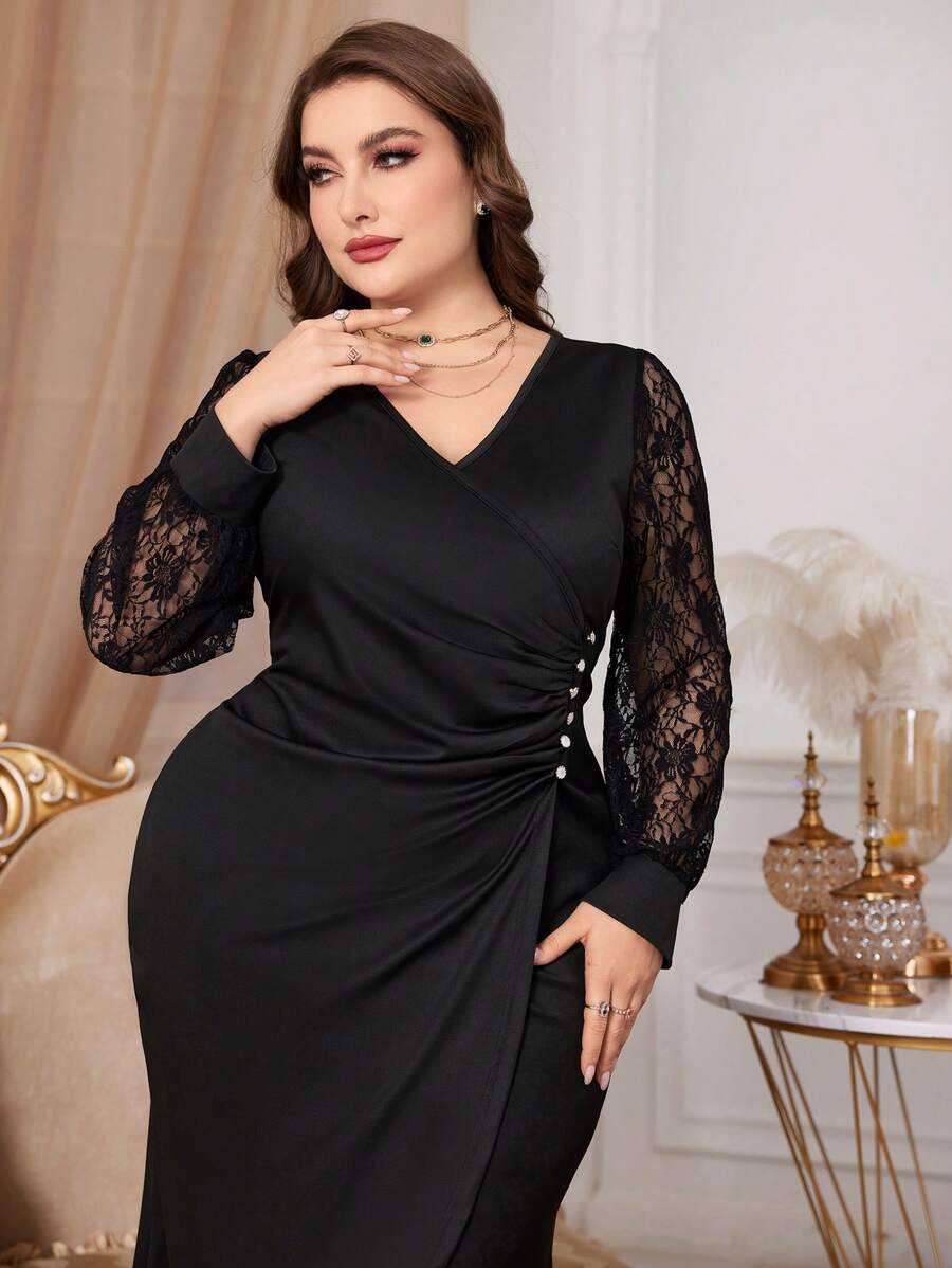 Modelyn 大码优雅风格撞色拼接蕾丝裹身褶皱连衣裙、紧身连衣裙、派对装超长女士装长款晚礼服 - 黑色 - 查看 1