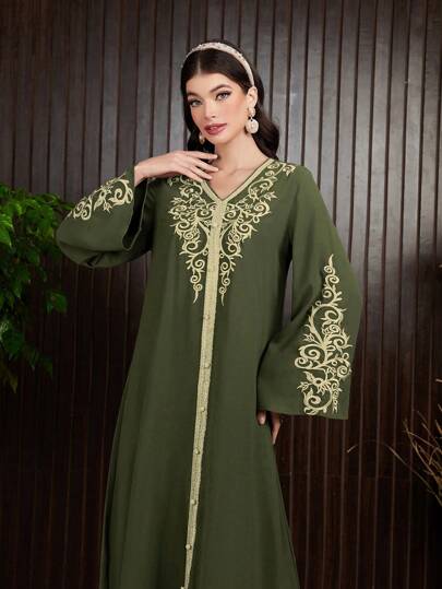 Al Najma Ladies' Embroidered Woven Belt Patchwork Flare Sleeve Dress Kaftan Jalabiya Dress