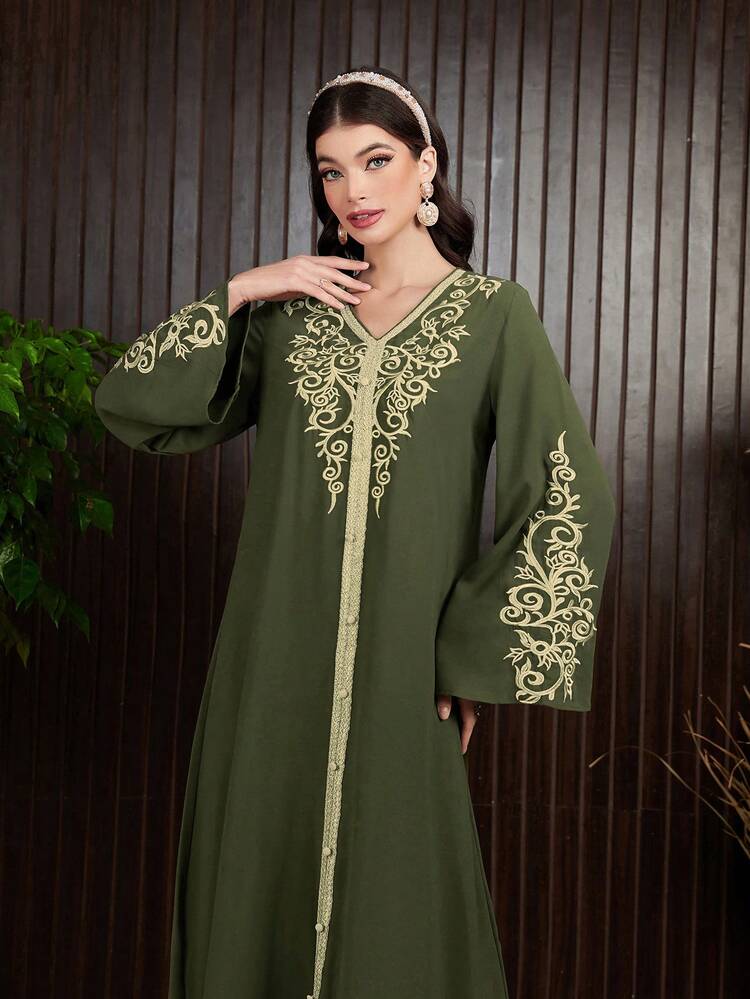 Ladies' Embroidered Woven Belt Patchwork Flare Sleeve Dress Kaftan Jalabiya Dress