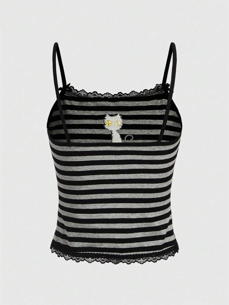 ROMWE Hippie Magic Black Cat Embroidered Striped Tank Top | SHEIN USA