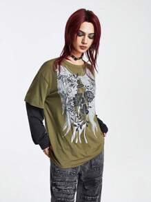ROMWE Grunge Punk 2 In 1 Wings Print Drop Shoulder Tee - Army Green - View 5