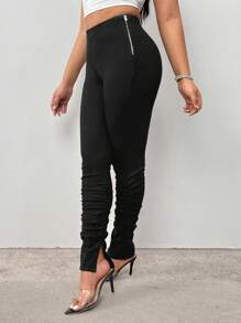 SHEIN SXY Vaqueros De Mezclilla Ajustados Con Dobladillo Plisado Y Dividido Para Mujer