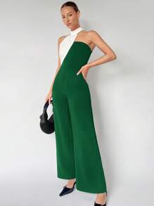 Maija Sleeveless Colorblock Stand Collar Jumpsuit For Women - Dark Green - View 5