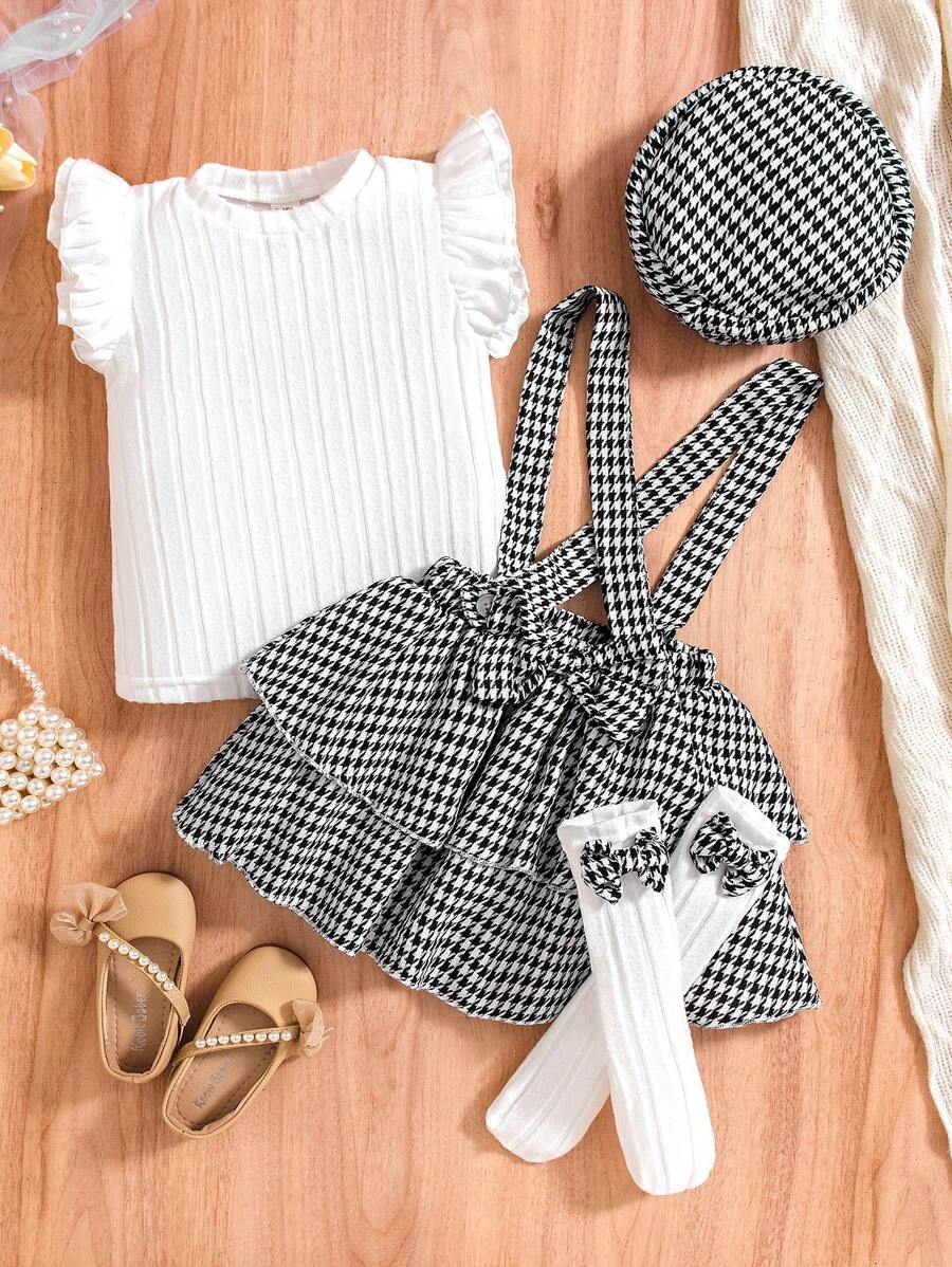 SHEIN Young Girl Comfortable & Simple & Elegant Ribbed Round-Neck Top And Overall Houndstooth Skirt Two-Piece Set For Summer - White - View 1