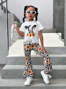 SHEIN Young Girl's Sunflower & Cow Pattern Fringe Hem Short Sleeve Top And Flared Pants Two Pieces Set For Summer - Pink - View 3