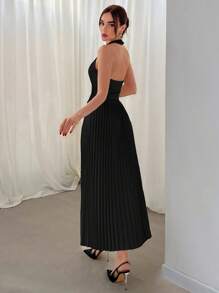 SHEIN 女士情人节挂脖单排扣背心和百褶裙两件套秋冬 - 黑色 - 查看 2