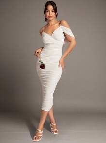 Silquee White Off-Shoulder Pleated Mesh Suspender Long Dress - White - View 5