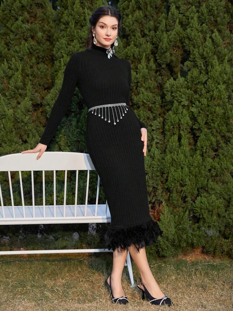 Women's Slim Fit Feather Patchwork Stand Collar Bodycon Dress