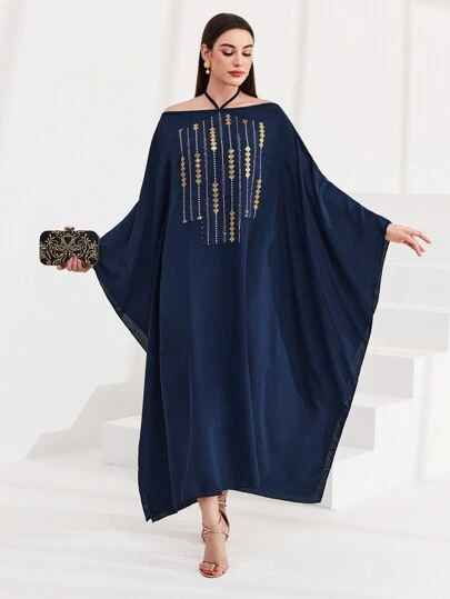 Al Najma 女款閃光刺繡蝙蝠翼袖掛脖洋裝