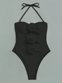 SHEIN Swim Summer Beach Ladies' One-Piece Swimsuit With 3d Floral Detail And Halter Strap - Black - View 3