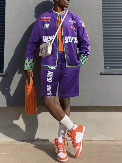 Manfinity Roghcode 男士字母及火焰印花長袖上衣和短褲套裝