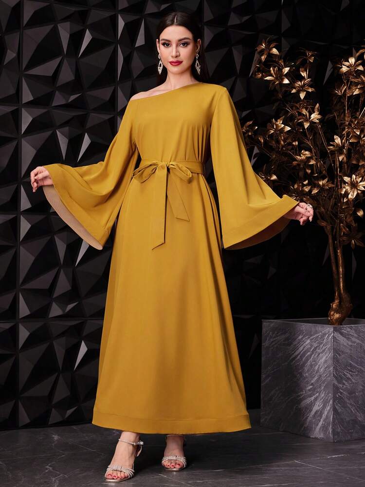 Women's Asymmetrical Shoulder Flare Sleeve Belted Dress,Elegant Evening Party Dress Long Evening Dresses