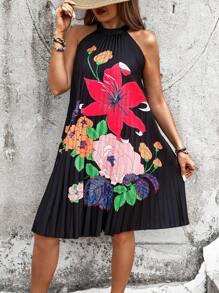 Breezaya Plus Size Boho Floral Print Sleeveless Halter Pleated Dress, For Summer - Black - View 5