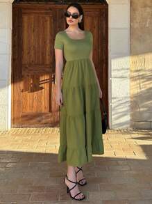 SHEIN Essnce Women's Summer Casual Holiday Travel Square Neck Short Sleeve Dress - Green - View 3