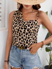 Breezaya 女士豹紋不對稱領领袖無袖上衣 - 咖啡棕 - 查看 5